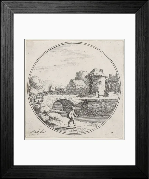 Framed Print : Plate 5: man walking with fishing pole at center, a bridge and village in the backgro... 1680-1747. Creator: Lodovico Mattioli Framed Print : Plate 5: man walking with fishing pole at center, a bridge and village in the backgro... 1680-1747. Creator: Lodovico Mattioli