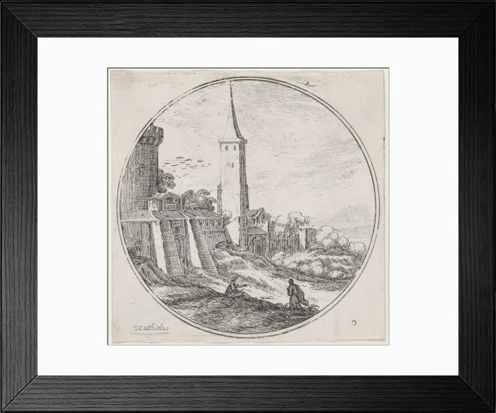 Framed Print : Plate 2: two figures outside of the walls of a town, a tower at center, 1680-1747. Creator: Lodovico Mattioli Framed Print : Plate 2: two figures outside of the walls of a town, a tower at center, 1680-1747. Creator: Lodovico Mattioli