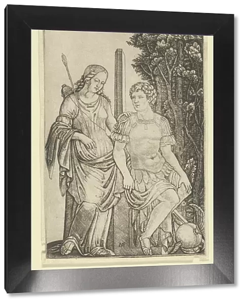 Venus standing at left resting her hand on the shoulder of Aeneas seated at right... ca. 1500-1527. Creator: Marcantonio Raimondi