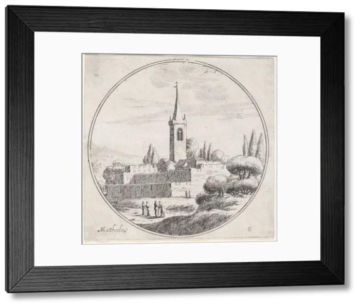 Framed Print : Plate 6: church steeple at center, with groups of people standing in a landscape belo... 1680-1747. Creator: Lodovico Mattioli Framed Print : Plate 6: church steeple at center, with groups of people standing in a landscape belo... 1680-1747. Creator: Lodovico Mattioli