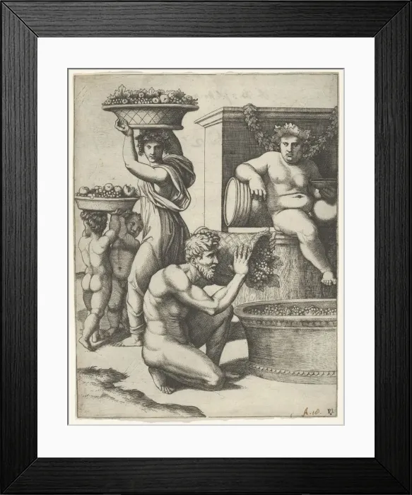 Framed Print : The Vintage; a man pouring grapes from a basket into a vat, above Bacchus sitting... ca. 1517-20. Creator: Marcantonio Raimondi Framed Print : The Vintage; a man pouring grapes from a basket into a vat, above Bacchus sitting... ca. 1517-20. Creator: Marcantonio Raimondi