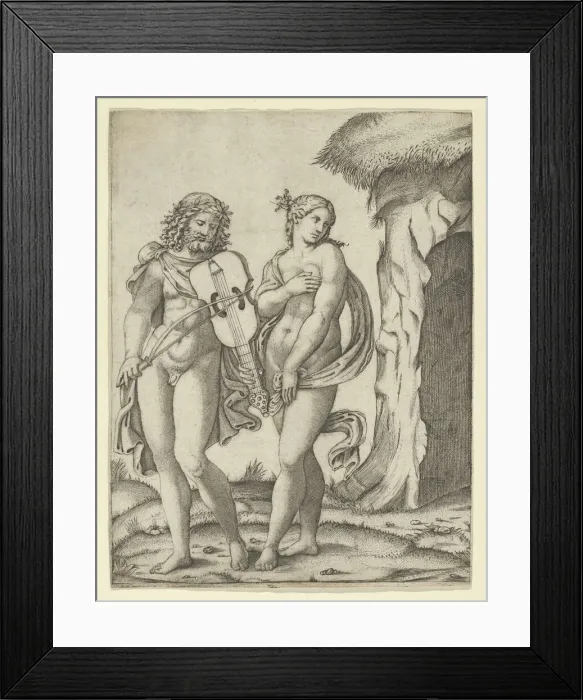 Framed Print : Orpheus standing at left playing the violin, Eurydice at right covering herself, ca... ca. 1509. Creator: Marcantonio Raimondi Framed Print : Orpheus standing at left playing the violin, Eurydice at right covering herself, ca... ca. 1509. Creator: Marcantonio Raimondi