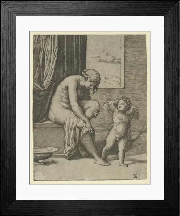 Framed Print : Venus drying her foot with a piece of drapery, Cupid in front of her, holding a bow... ca. 1510-27. Creator: Marcantonio Raimondi Framed Print : Venus drying her foot with a piece of drapery, Cupid in front of her, holding a bow... ca. 1510-27. Creator: Marcantonio Raimondi