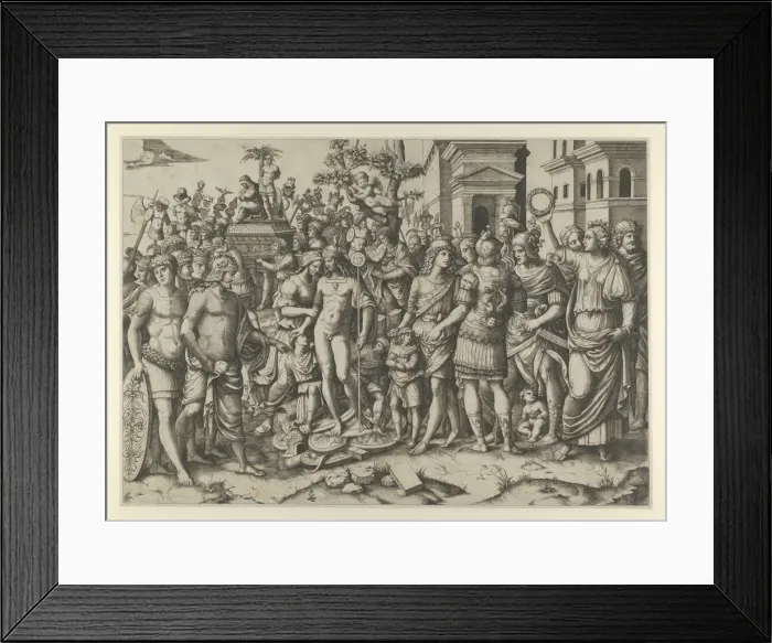 Framed Print : The triumph of a Roman Emperor; a young naked hero stands at center on a pile of armor... ca. 1510. Creator: Marcantonio Raimondi Framed Print : The triumph of a Roman Emperor; a young naked hero stands at center on a pile of armor... ca. 1510. Creator: Marcantonio Raimondi