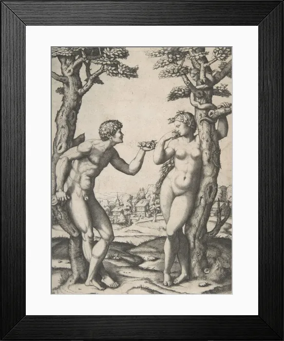 Framed Print : Adam and Eve flanked by two trees, a town in the background, ca. 1512-14. Creator: Marcantonio Raimondi Framed Print : Adam and Eve flanked by two trees, a town in the background, ca. 1512-14. Creator: Marcantonio Raimondi