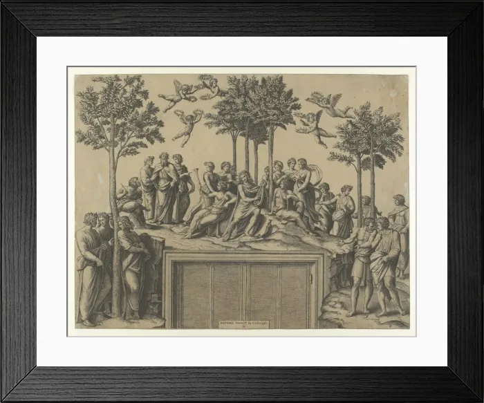 Framed Print : Apollo sitting on Parnassus surrounded by the muses and famous poets, ca. 1517-20. ca. 1517-20. Creator: Marcantonio Raimondi Framed Print : Apollo sitting on Parnassus surrounded by the muses and famous poets, ca. 1517-20. ca. 1517-20. Creator: Marcantonio Raimondi