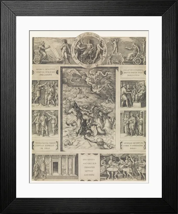 Framed Print : Neptune calming the tempest which Aeolus raised against Aeneas fleet from Book I o... ca. 1515-16. Creator: Marcantonio Raimondi Framed Print : Neptune calming the tempest which Aeolus raised against Aeneas fleet from Book I o... ca. 1515-16. Creator: Marcantonio Raimondi