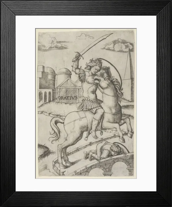 Framed Print : Horatius Cocles on horseback, trampling a fallen soldier, ca. 1510-27. Creator: Marcantonio Raimondi Framed Print : Horatius Cocles on horseback, trampling a fallen soldier, ca. 1510-27. Creator: Marcantonio Raimondi
