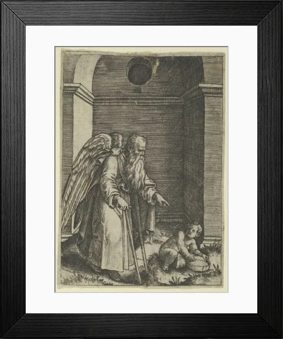 Framed Print : An elderly winged man with a long beard walking with crutches, possibly representin... ca. 1510-27. Creator: Marcantonio Raimondi Framed Print : An elderly winged man with a long beard walking with crutches, possibly representin... ca. 1510-27. Creator: Marcantonio Raimondi