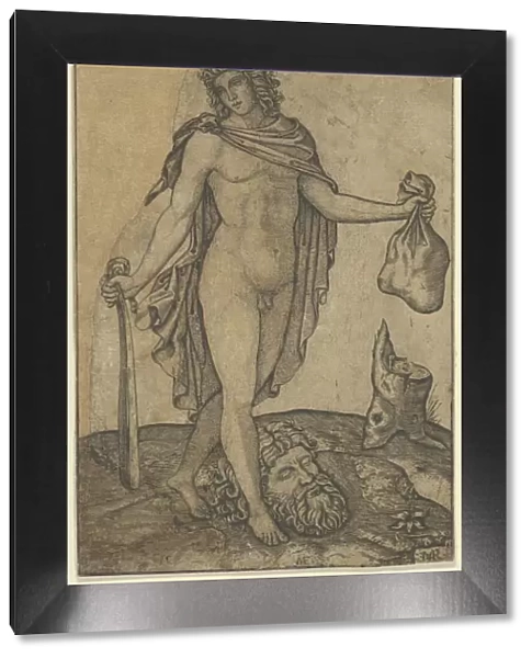 David standing, sword in lowered right hand, sack in the left, the head of Goliath on... ca. 1506. Creator: Marcantonio Raimondi