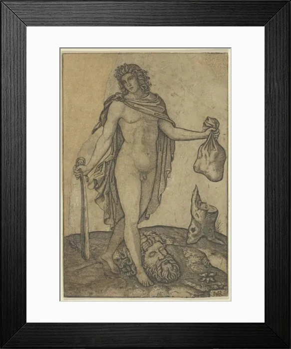 Framed Print : David standing, sword in lowered right hand, sack in the left, the head of Goliath on... ca. 1506. Creator: Marcantonio Raimondi Framed Print : David standing, sword in lowered right hand, sack in the left, the head of Goliath on... ca. 1506. Creator: Marcantonio Raimondi