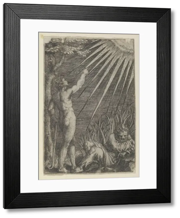 Framed Print : An old man reclining on the ground at right; at left a naked younger man standing p... ca. 1510-27. Creator: Marcantonio Raimondi Framed Print : An old man reclining on the ground at right; at left a naked younger man standing p... ca. 1510-27. Creator: Marcantonio Raimondi