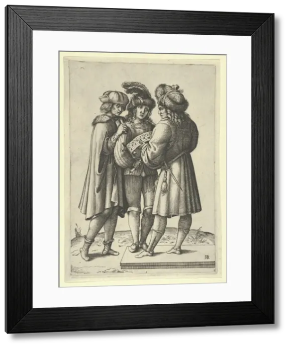 Framed Print : Three male singers standing together holding a sheet of music, ca. 1599-1641. Creator: Luca Ciamberlano Framed Print : Three male singers standing together holding a sheet of music, ca. 1599-1641. Creator: Luca Ciamberlano