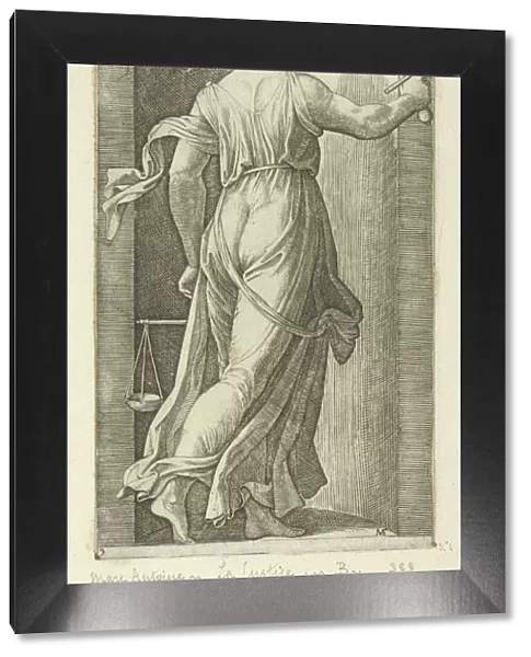 Justice personified by a young woman holding a sword in her raised right hand, scal... ca. 1515-25. Creator: Marcantonio Raimondi