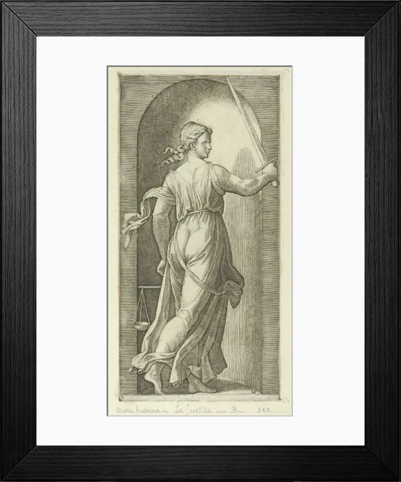 Framed Print : Justice personified by a young woman holding a sword in her raised right hand, scal... ca. 1515-25. Creator: Marcantonio Raimondi Framed Print : Justice personified by a young woman holding a sword in her raised right hand, scal... ca. 1515-25. Creator: Marcantonio Raimondi
