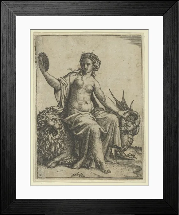 Framed Print : Prudence as a young woman, sitting on a lion and holding the neck of a dragon with... ca. 1510-27. Creator: Marcantonio Raimondi Framed Print : Prudence as a young woman, sitting on a lion and holding the neck of a dragon with... ca. 1510-27. Creator: Marcantonio Raimondi