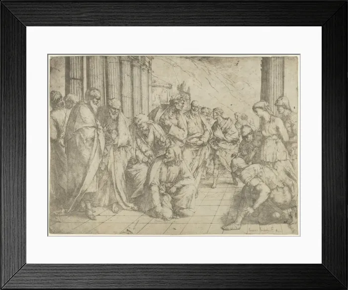 Framed Print : Christ kneels and writes on the pavement at center and a woman taken in adultery by three... 1653. Creator: Luca Giordano Framed Print : Christ kneels and writes on the pavement at center and a woman taken in adultery by three... 1653. Creator: Luca Giordano