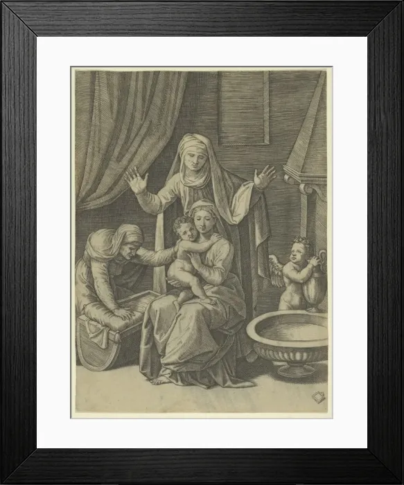 Framed Print : The Virgin holding the Christ Child, St Anne standing above with arms outstretched, St... ca. 1520. Creator: Marcantonio Raimondi Framed Print : The Virgin holding the Christ Child, St Anne standing above with arms outstretched, St... ca. 1520. Creator: Marcantonio Raimondi