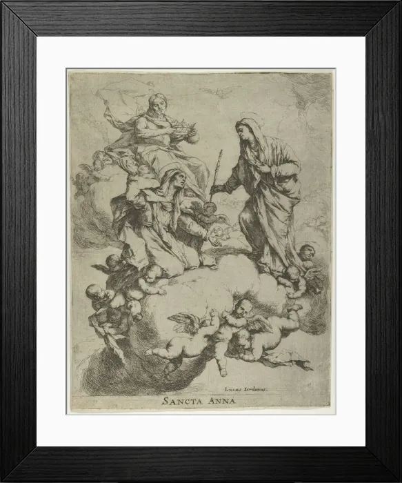 Framed Print : Christ holding a crown at upper left and the Virgin receiving Saint Anne in Heaven at r... 1650-70. Creator: Luca Giordano Framed Print : Christ holding a crown at upper left and the Virgin receiving Saint Anne in Heaven at r... 1650-70. Creator: Luca Giordano