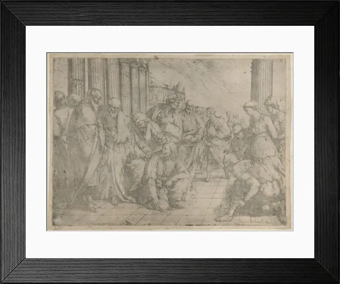 Framed Print : Christ kneels and writes on the pavement at center, while the woman taken in adultery stan... 1653. Creator: Luca Giordano Framed Print : Christ kneels and writes on the pavement at center, while the woman taken in adultery stan... 1653. Creator: Luca Giordano