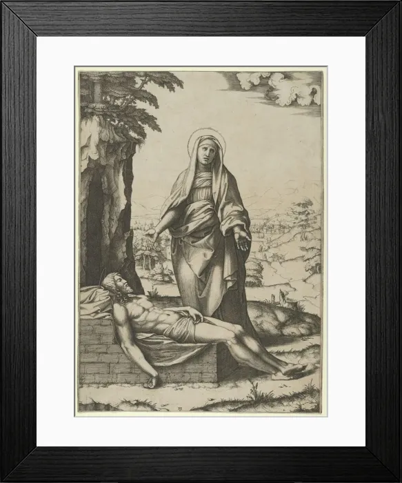 Framed Print : The Pieta: the Virgin standing over the dead Christ, her hands outspread, ca. 1515-17. Creator: Marcantonio Raimondi Framed Print : The Pieta: the Virgin standing over the dead Christ, her hands outspread, ca. 1515-17. Creator: Marcantonio Raimondi