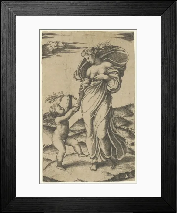 Framed Print : An allegory of Peace; Peace personified as a woman standing in a landscape holding... ca. 1517-20. Creator: Marcantonio Raimondi Framed Print : An allegory of Peace; Peace personified as a woman standing in a landscape holding... ca. 1517-20. Creator: Marcantonio Raimondi