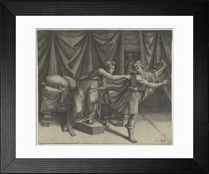 Framed Print : Joseph fleeing from Potiphars wife, ca. 1515-25. Creator: Marcantonio Raimondi Framed Print : Joseph fleeing from Potiphars wife, ca. 1515-25. Creator: Marcantonio Raimondi