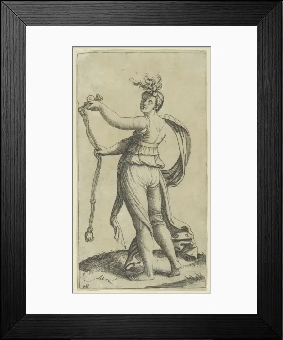 Framed Print : A woman representing Temperance holding a bit facing left, ca. 1510-27. Creator: Marcantonio Raimondi Framed Print : A woman representing Temperance holding a bit facing left, ca. 1510-27. Creator: Marcantonio Raimondi