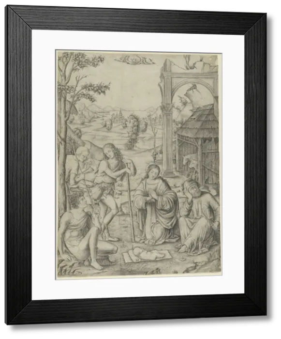 Framed Print : The Adoration of the Shepherds, ca. 1504. Creator: Marcantonio Raimondi Framed Print : The Adoration of the Shepherds, ca. 1504. Creator: Marcantonio Raimondi