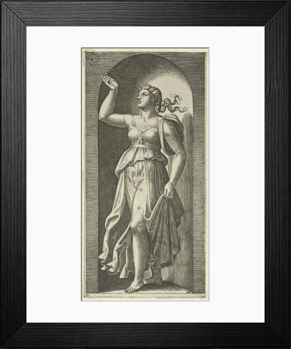 Framed Print : Faith personified by a woman standing in a niche, pointing to rays in the upper lef... ca. 1515-25. Creator: Marcantonio Raimondi Framed Print : Faith personified by a woman standing in a niche, pointing to rays in the upper lef... ca. 1515-25. Creator: Marcantonio Raimondi