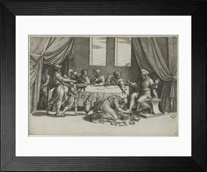 Framed Print : Christ at the table of Simon the Pharisee, Mary Magdalene washing his feet with her... ca. 1520-25. Creator: Marcantonio Raimondi Framed Print : Christ at the table of Simon the Pharisee, Mary Magdalene washing his feet with her... ca. 1520-25. Creator: Marcantonio Raimondi