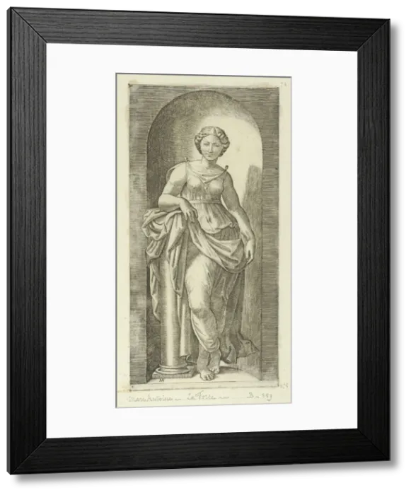 Framed Print : Fortitude or Strength personified by a woman standing in a nice resting her arm on... ca. 1515-25. Creator: Marcantonio Raimondi Framed Print : Fortitude or Strength personified by a woman standing in a nice resting her arm on... ca. 1515-25. Creator: Marcantonio Raimondi