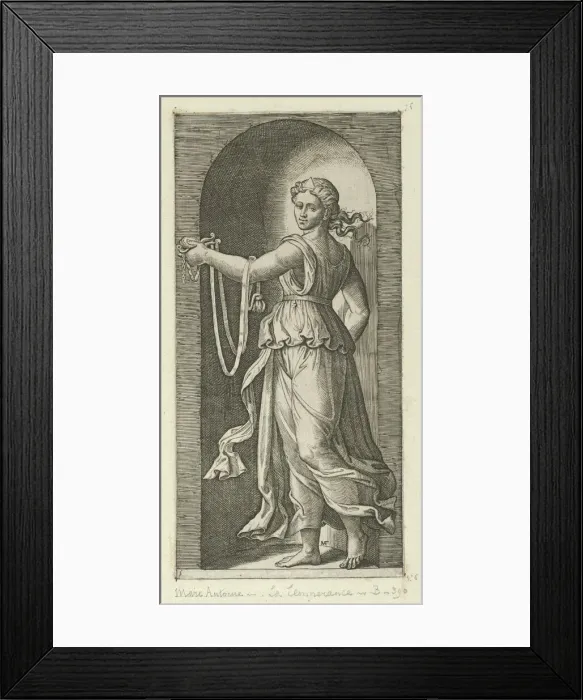 Framed Print : Temperance personfied by a woman standing in a niche holding a bit, from The Virtu... ca. 1515-25. Creator: Marcantonio Raimondi Framed Print : Temperance personfied by a woman standing in a niche holding a bit, from The Virtu... ca. 1515-25. Creator: Marcantonio Raimondi