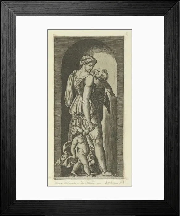 Framed Print : Charity personified by a woman with two childen, from The Virtues, ca. 1515-25. Creator: Marcantonio Raimondi Framed Print : Charity personified by a woman with two childen, from The Virtues, ca. 1515-25. Creator: Marcantonio Raimondi