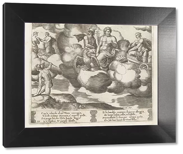 Plate 18: Venus in her dove-drawn chariot complaining to Jupiter, who is accompanied by... 1530-60. Creator: Master of the Die