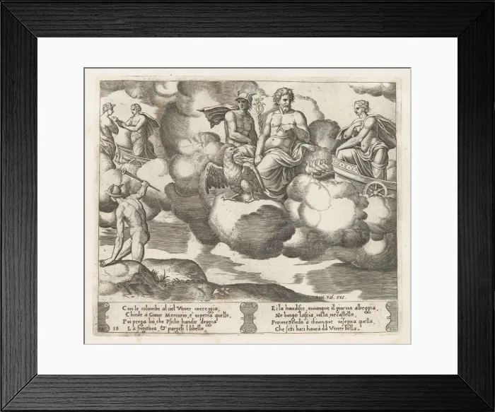 Framed Print : Plate 18: Venus in her dove-drawn chariot complaining to Jupiter, who is accompanied by... 1530-60. Creator: Master of the Die Framed Print : Plate 18: Venus in her dove-drawn chariot complaining to Jupiter, who is accompanied by... 1530-60. Creator: Master of the Die