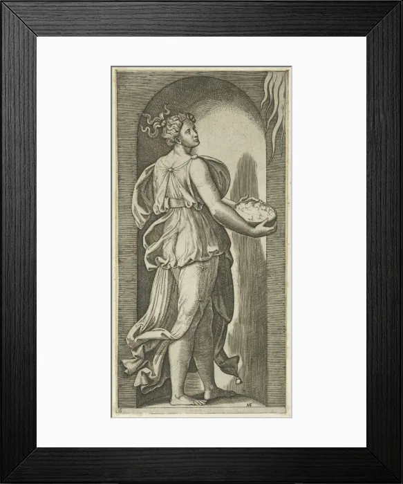 Framed Print : Hope personified as a woman standing in a niche facing right, holding a container o... ca. 1515-25. Creator: Marcantonio Raimondi Framed Print : Hope personified as a woman standing in a niche facing right, holding a container o... ca. 1515-25. Creator: Marcantonio Raimondi