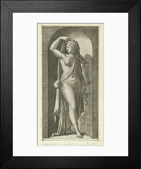 Framed Print : Prudence personified by a woman standing in a niche, holding a shawl in her right h... ca. 1515-25. Creator: Marcantonio Raimondi Framed Print : Prudence personified by a woman standing in a niche, holding a shawl in her right h... ca. 1515-25. Creator: Marcantonio Raimondi
