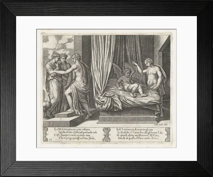 Framed Print : Plate 17: Venus chastising Cupid, who sits on a bed, with Psyche at right, from the Sto... 1530-60. Creator: Master of the Die Framed Print : Plate 17: Venus chastising Cupid, who sits on a bed, with Psyche at right, from the Sto... 1530-60. Creator: Master of the Die