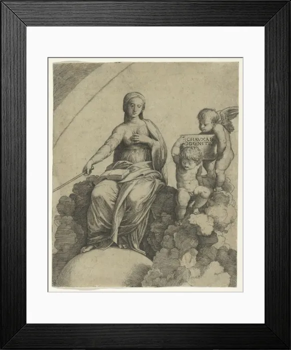 Framed Print : A personification of Philosophy sitting on clouds with her feet resting on a globe... ca. 1510-15. Creator: Marcantonio Raimondi Framed Print : A personification of Philosophy sitting on clouds with her feet resting on a globe... ca. 1510-15. Creator: Marcantonio Raimondi