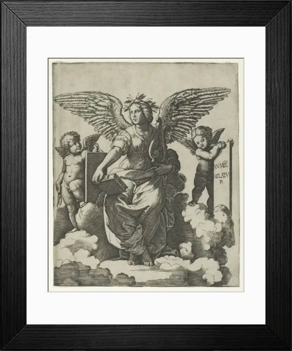 Framed Print : Poetry personified as a winged woman, ca. 1515. Creator: Marcantonio Raimondi Framed Print : Poetry personified as a winged woman, ca. 1515. Creator: Marcantonio Raimondi
