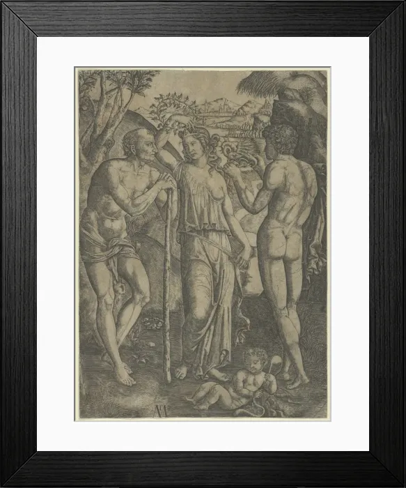 Framed Print : An allegorical scene; a young woman at centre holding a wreath above her head, at l... ca. 1515-27. Creator: Marcantonio Raimondi Framed Print : An allegorical scene; a young woman at centre holding a wreath above her head, at l... ca. 1515-27. Creator: Marcantonio Raimondi
