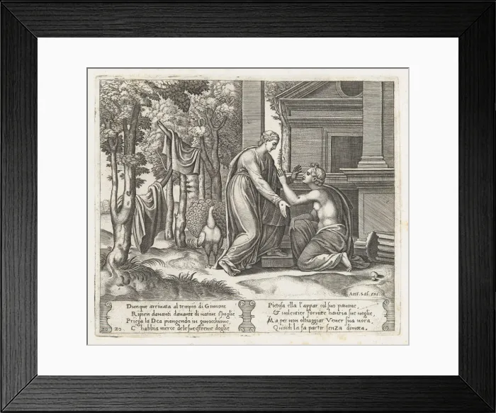 Framed Print : Plate 20: Juno, standing at left, sends away Psyche, who kneels before her, from the St... 1530-60. Creator: Master of the Die Framed Print : Plate 20: Juno, standing at left, sends away Psyche, who kneels before her, from the St... 1530-60. Creator: Master of the Die