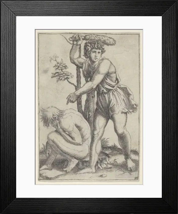 Framed Print : The seated naked man at left being beaten with a foxs tail, ca. 1510-27. Creator: Marcantonio Raimondi Framed Print : The seated naked man at left being beaten with a foxs tail, ca. 1510-27. Creator: Marcantonio Raimondi
