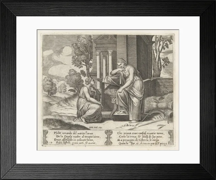 Framed Print : Plate 19: Ceres at right, leaning on a pedestal, refusing to assist Psyche, from the St... 1530-60. Creator: Master of the Die Framed Print : Plate 19: Ceres at right, leaning on a pedestal, refusing to assist Psyche, from the St... 1530-60. Creator: Master of the Die