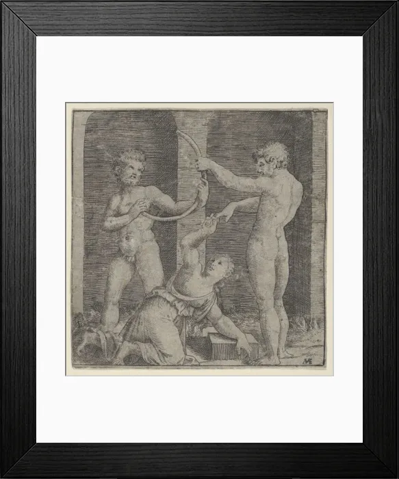 Framed Print : A woman kneeling at centre reaching up with her right hand to place a ring on the f... ca. 1510-27. Creator: Marcantonio Raimondi Framed Print : A woman kneeling at centre reaching up with her right hand to place a ring on the f... ca. 1510-27. Creator: Marcantonio Raimondi