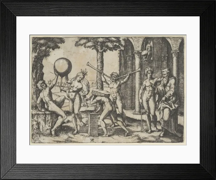 Framed Print : A man with two trumpets in the centre flanked by other figures including an old and... ca. 1510-27. Creator: Marcantonio Raimondi Framed Print : A man with two trumpets in the centre flanked by other figures including an old and... ca. 1510-27. Creator: Marcantonio Raimondi