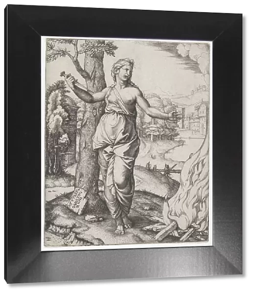 Dido holding a dagger in her right hand, left arm outstreched, ca. 1510. Creator: Marcantonio Raimondi