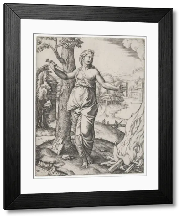 Framed Print : Dido holding a dagger in her right hand, left arm outstreched, ca. 1510. Creator: Marcantonio Raimondi Framed Print : Dido holding a dagger in her right hand, left arm outstreched, ca. 1510. Creator: Marcantonio Raimondi