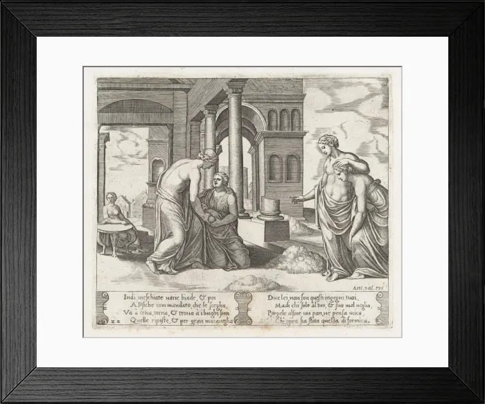 Framed Print : Plate 22: Venus standing at right ordering Psyche to sort a pile of grain, at left the... 1530-60. Creator: Master of the Die Framed Print : Plate 22: Venus standing at right ordering Psyche to sort a pile of grain, at left the... 1530-60. Creator: Master of the Die